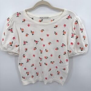 Alice + Olivia Risa Floral Embroidered Puff Short‎ Sleeve Knit Top White XL
